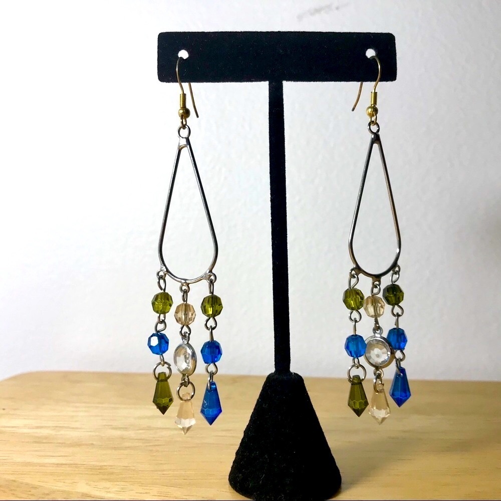 Blue and Green Beaded Pierced Dangle Earrings